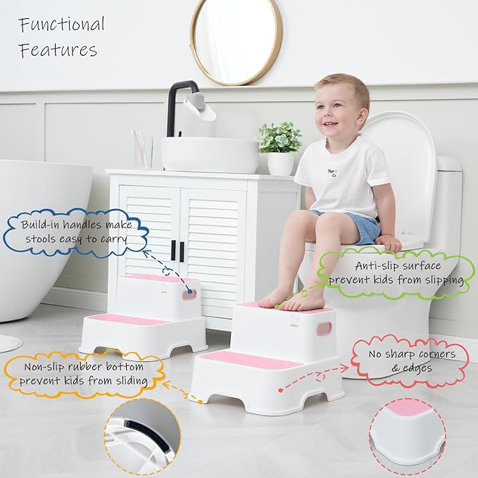 2 Step Stools for Toddlers, Kids Step Stool for Bathroom Sink, No Slip Step Stool for Toddlers Bathroom (2 Pack, White Pink)