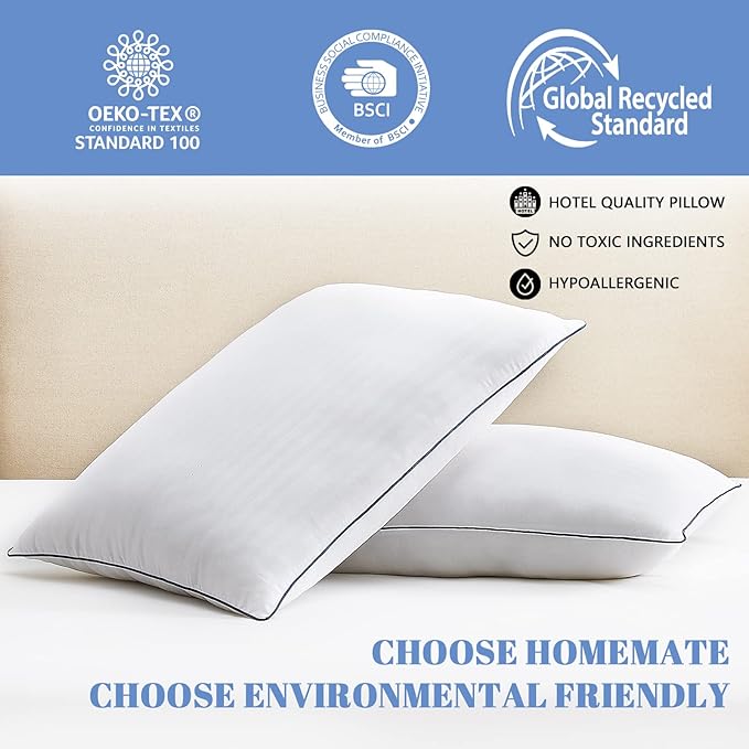 Homemate Bed Pillows for Sleeping - Standard Size(20"x26") Set of 2 Hotel Quality Pillows Allergy Friendly Microfiber Shell Fluffy Down Alternative Filling Pillow Suitable Back Stomach or Side Sleeper