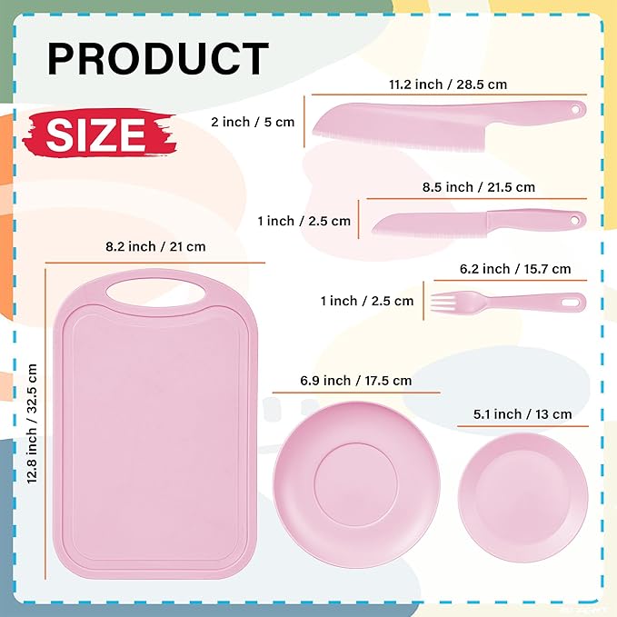 TJ POP Kids Knives for real cooking, Safe Knives Set 6 Pcs for Children, Kids' Baking Supplies with Cutting Board & Dishes, Toddler Knife Good Soft Grips, BPA-Free (Pink)