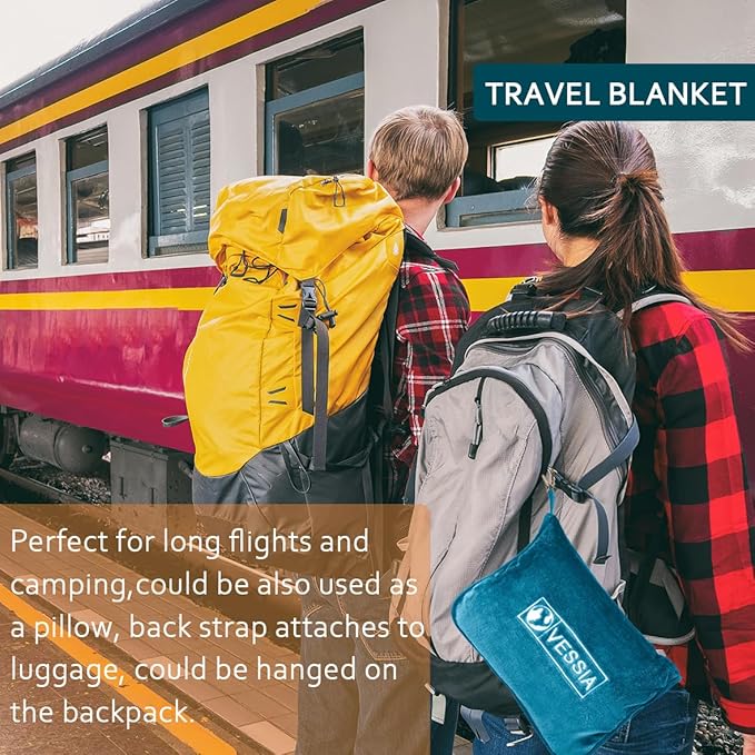 Vessia Travel Blanket for Airplane, Train and Car, Warm and Soft Travel Blanket in Bag for Adults and Kids, Portable Compact Long Flight Blanket with Luggage Sleeve, Backpack Clip(Lake Blue)