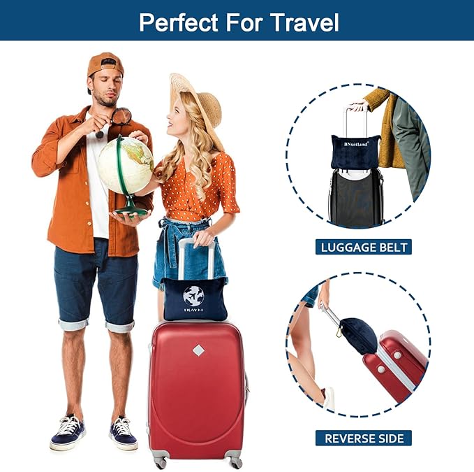 Bnuitland Travel Blanket and Pillow 2 in 1, Soft Flannel Airplane Blanket in Bag Compact-Long Flight Essential for Adults and Kids, Portable Luggage Sleeve and Backpack Clip, 65×40 inch Navy