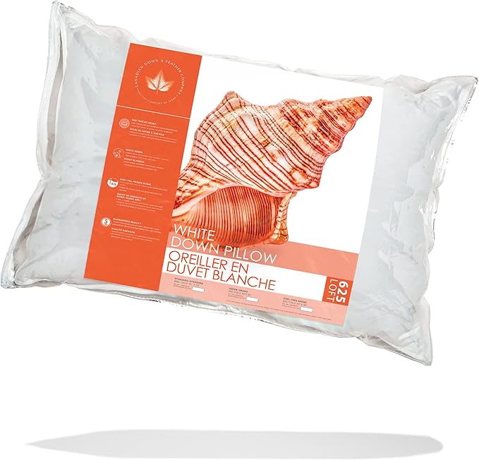 Canadian Down & Feather Co. – Medium 625 Fill Power White Down Sleeping Pillow King Size - 500 Thread Count Shell 100% Cotton - Made in Canada