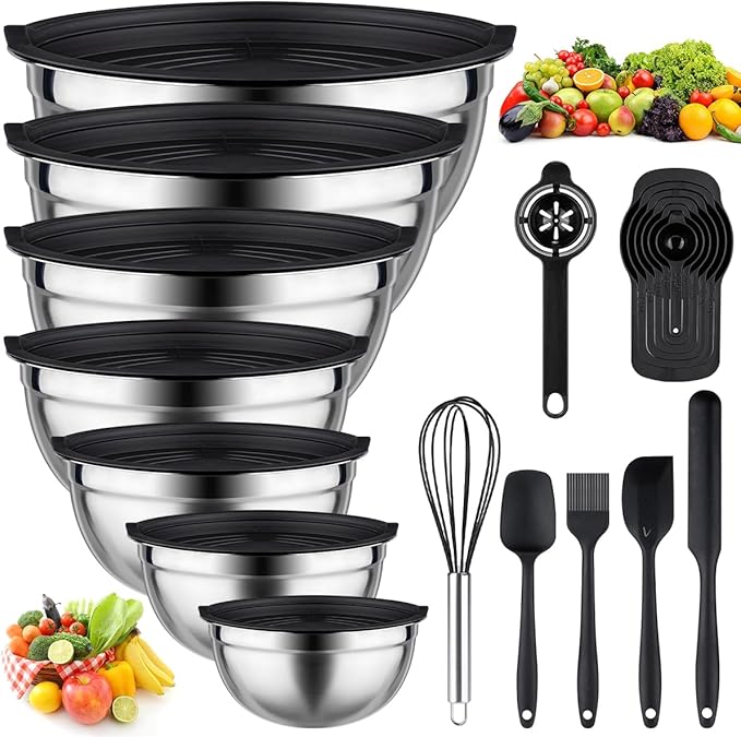 Mixing Bowls with Lids set - 26 PCS Stainless Steel Nesting Black Mixing Bowls Set for Baking, Mixing, Serving & Prepping, Size 5, 3.7, 2.8, 2.3, 1.7, 1.1, 0.7QT, 12 Cooking Utensils