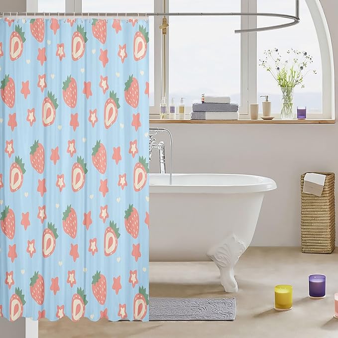 Feelyou Blue Strawberry Bathroom Waterproof Accessories with 12 Hooks Kawaii Fruit Shower Curtain for Kids Boys Girls Cute Stars Strawberry Fabric Shower Curtain Kawaii Lovely Curtains,72x78 Inches