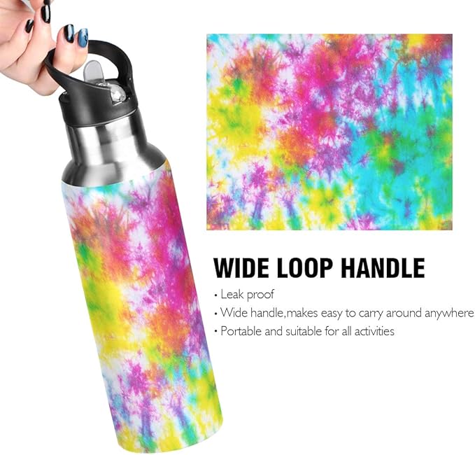 22 OZ Colorful Tie Dye Pattern Water Bottle with Straw - BPA Free Leakproof Stainless Steel Water Bottle for Women Men Water Jug for Fitness Gym Outdoor Sport