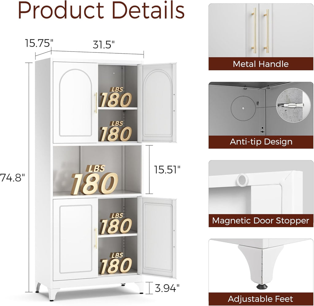 75" Tall Kitchen Pantry Storage Cabinet, Metal Storage Cabinets with 4 Doors and Adjustable Shelves，White Kitchen Hutch Cabinet with Microwave Stand, Large Cupboard for Dining Living Room