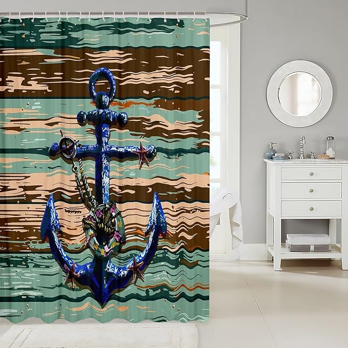 Feelyou Anchor Shower Curtain Wooden Rustic Fabric Shower Curtain for Kids Boys Girls Sea Adventure Bathroom Waterproof Accessories with 12 Hooks Ocean Theme Curtains,72x78 Inches