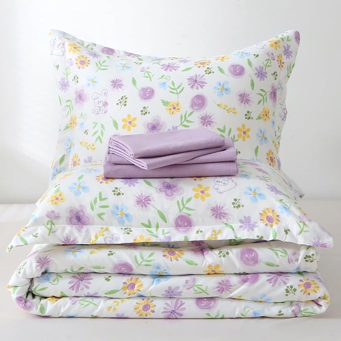 Wajade Floral Comforter Set Bed in A Bag Full Size 7 Piece Purple Flower Green Leaves Rabbits Bedding Set for Girls (1 Comforter, 1 Flat Sheet, 1 Fitted Sheet, 2 Pillowcase and 2 Pillow Sham)