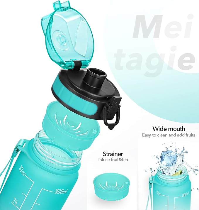 32oz Motivational Water Bottle with Time Marker & Fruit Strainer, Leak-proof BPA Free Non-Toxic 1l Bottle with Carrying Strap, Perfect for Fitness, Gym and Outdoor Sports (Ombre: Mermaid)