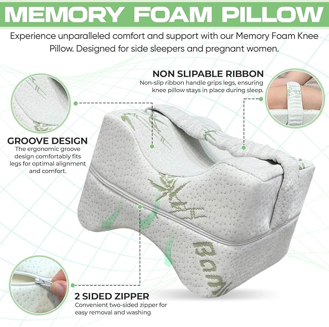 Crew & Chane Knee Pillow for Side Sleepers with Strap, Memory Foam Leg Pillow for Sleeping & Pregnant Women, Sciatica Pain Relief Pillow, Hip Pain & Lower Back Pain Relief