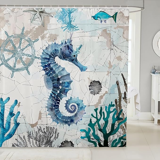 Feelyou Seahorse Fabric Shower Curtain Ocean Shower Curtain for Kids Boys Girls Marine Life Bathroom Waterproof Accessories with 12 Hooks Sea Animal Curtains,72x72 Inches