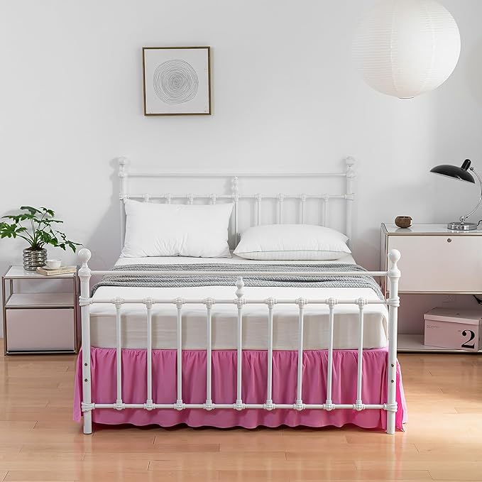 Bed Skirt Queen Size Ruffled Bed Skirt with Split Corners, 14 Inch Drop Dust Ruffle Bed Skirt with Platform, 14 Inch Drop, Pink