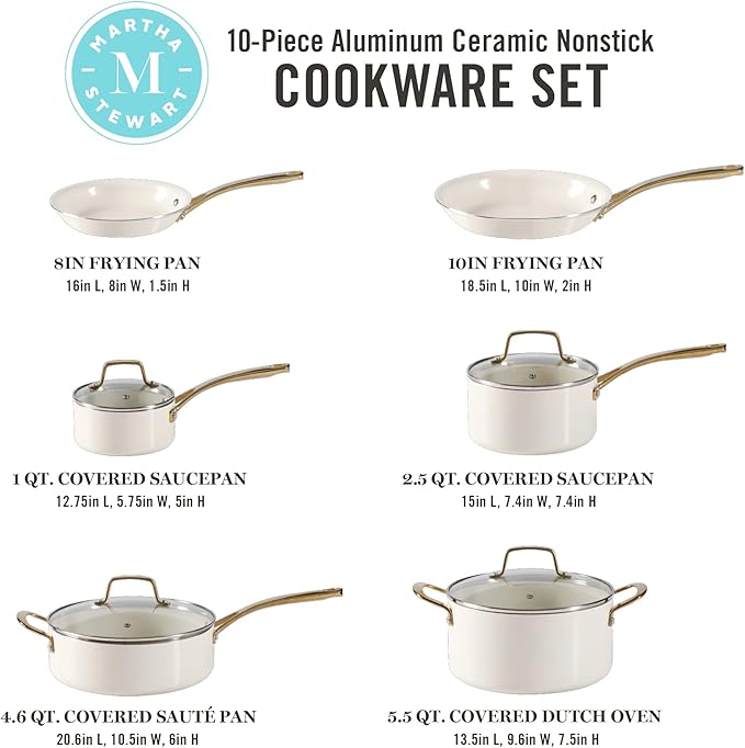 Martha Stewart Lockton Premium Nonstick PFA Free Ceramic Interior 10 Piece Heavy Gauge Enamel Aluminum Pots and Pans Cookware Set - Linen White w/Gold Handle