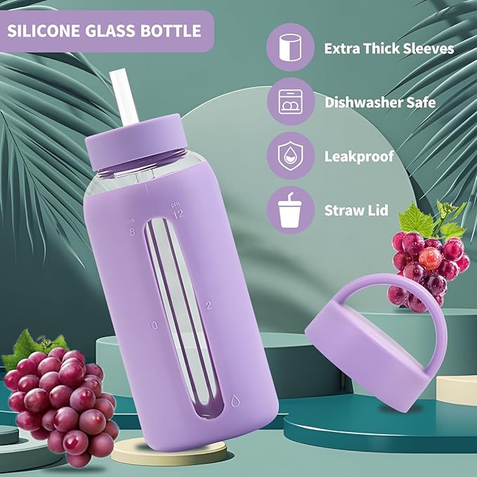 27 Oz Hydration Bottle,Minimalist Glass Water Bottle With Silicone Sleeve,Wide Mouth Opening With 2 Lids,Train Straws,Gift for Kids/Adults,Sport Glass Water Bottle for Gym/Yoga/Outdoor (PurPle, 27 oz)