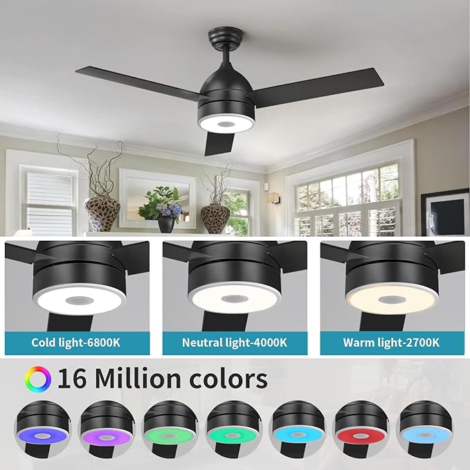 Black 52 Inch Ceiling Fan with RGB Dimming LED Light,with Music Bluetooth Speaker,with Remote Control,3-Speed Regulation, Reversible Motor,Timing,for Living Room,Bedroom,Restaurant