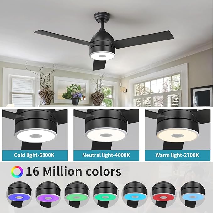 Black 60 Inch Ceiling Fan with RGB Dimming LED Light,with Music Bluetooth Speaker,with Remote Control,3-Speed Regulation, Reversible Motor,Timing,for Living Room,Bedroom,Restaurant