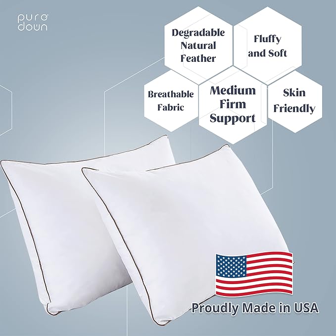 puredown Goose Feathers Down Pillows - Made in USA Soft Medium Support Hotel Pillow, 100% Cotton Cover, Luxury Bed Pillows King Size Set of 2 Pack Feather Pillows