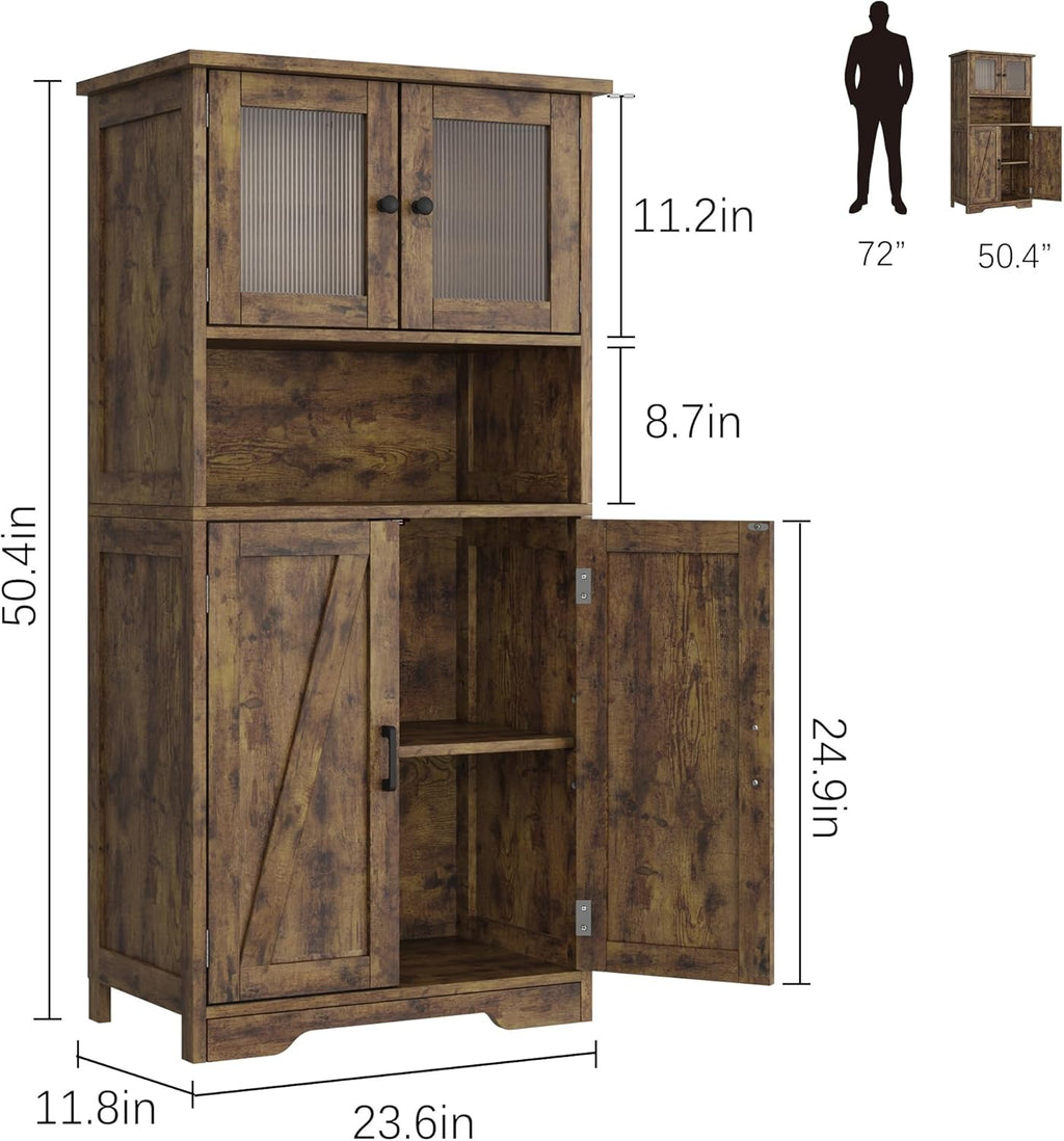 GarveeHome 54in Tall Bathroom Cabinet, Farmhouse Storage Cabinet with Glass Doors and Adjustable Shelves, Freestanding Kitchen Pantry Cabinets, Cupboard for Living Room, Dining Room, Rustic Brown