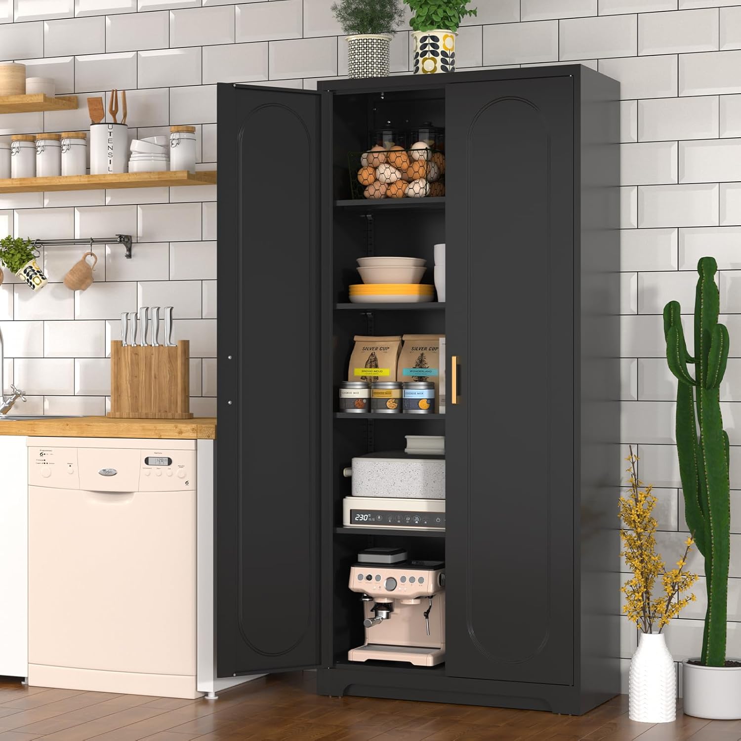 71" Tall Kitchen Pantry Cabinet, Pantry Storage Cabinet with Doors and Shelves, Metal Food Pantry Cabinets with Handles, Black Freestanding Cupboard for Living&Dining Room-Assemble Required