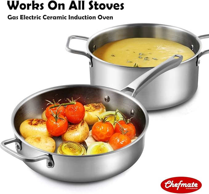 Stainless Steel Cookware Set,Tir-Ply Pots and Pans Set,10 Pcs Stainless Steel Induction Kitchen Cookware Sets,PFOA Free, Frying Pans,Saucepans,Saute Pan & Stock Pot,Compatible with All Cooktops