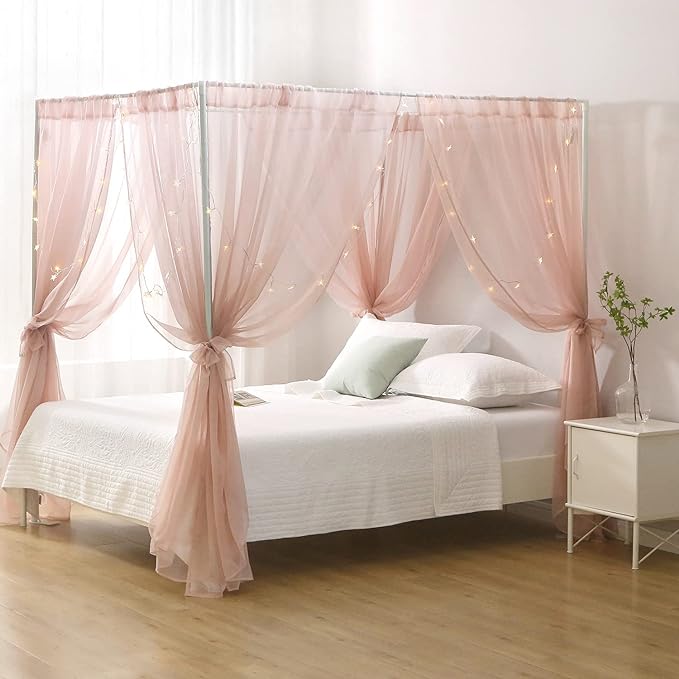 Chiffon Twin Bed Canopy, Canopy Bed Curtains for Girls Adult, 4 Post Bed Scarf Room Decor (Dust Pink)