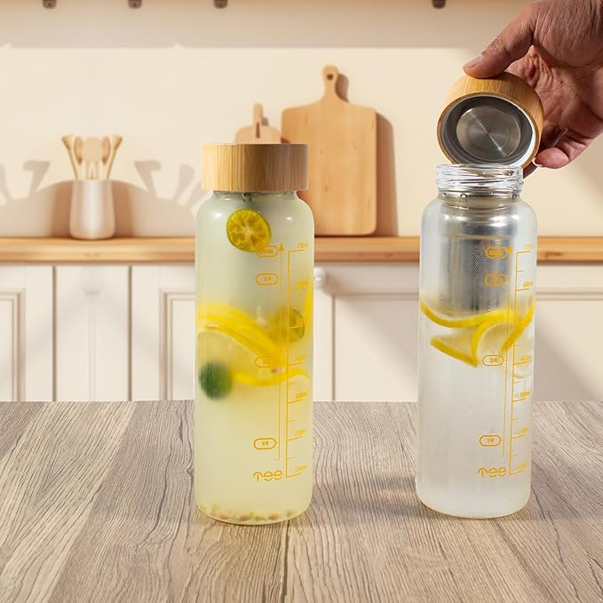 29oz Glass Water Bottle, Leak-Proof, with Stainless Steel Tea Infuser, BPA-Free, Suitable for Office, Car, Gym, and Travel, Reusable, for Hot and Cold Beverages (Circular-29oz-2pcs)