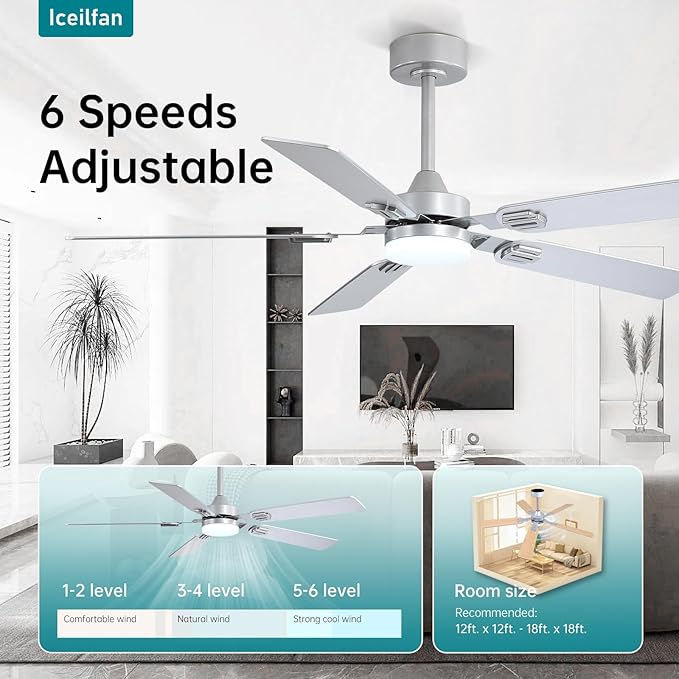 Ceilling Fans with Lights 52 Inch,6 Speeds Dimmable LED Silver Ceiling Fan with Remote,Reversible Quiet DC Motor Bedroom Ceiling Fan with Remote Control,Indoor Outdoor Ceiling Fan for Patios