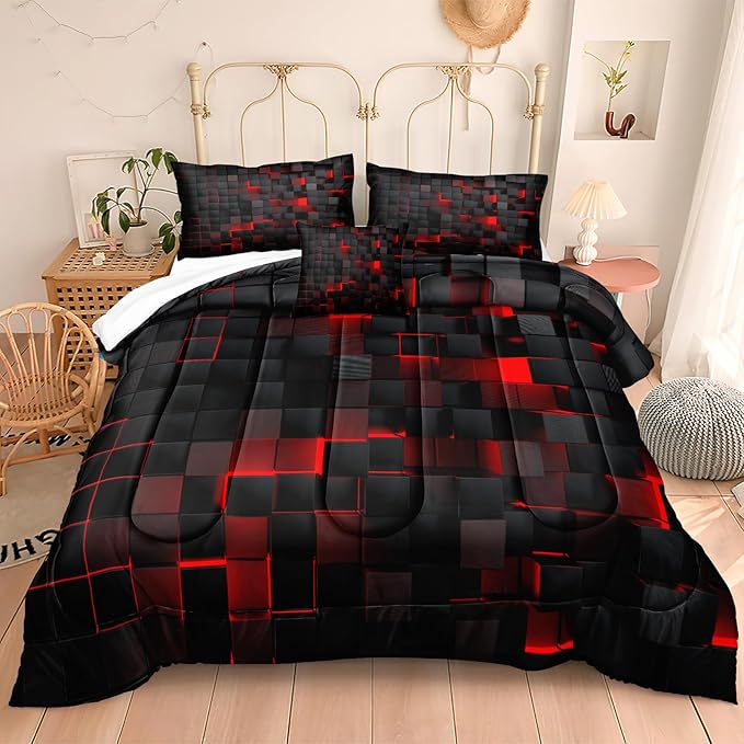 Bedbay Black Checkered Comforter Set Queen Size Plaid Bedding 4 Pcs Stereoscopic Glowing Square Geometric Printing Quilt Set Boys Girls Black Red Grid Bedding Set Queen Duvet Set (Red Black,Queen)