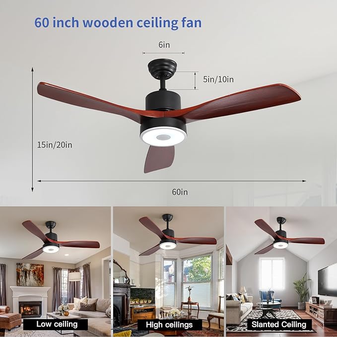 60 Inch Wood Ceiling Fan with RGB Dimming LED Light,with Music Bluetooth Speaker,Remote Control,3-Speed Regulation, Reversible Motor,Timing,for Living Room,Bedroom,Restaurant,Outdoor