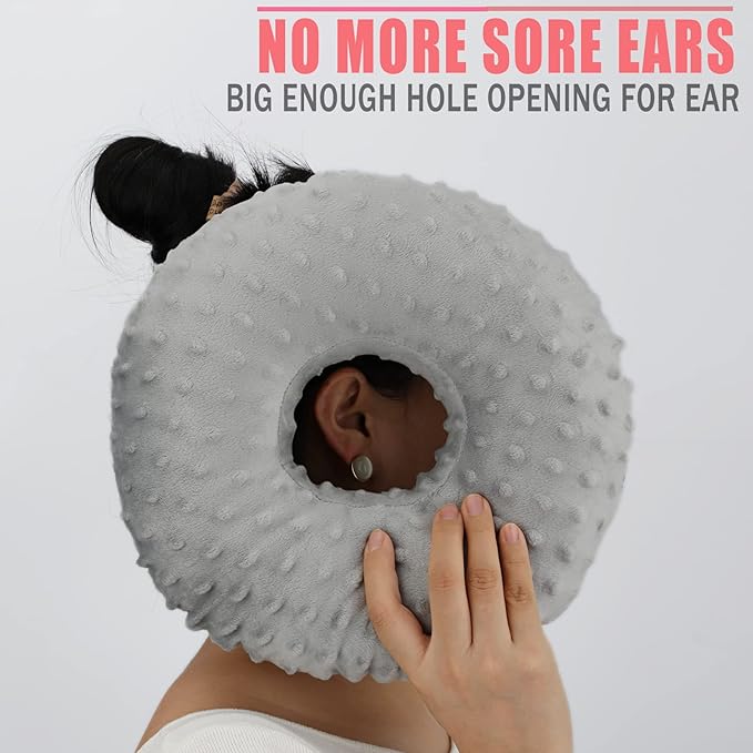 Ear Hole Piercing Pillows for Ear Pain Side Sleeping CNH Pillow Pressure Sore Pain Relief Ear Guard Protector Lifesaver Tinnitus Support Neck Head, Minky Dot Gray