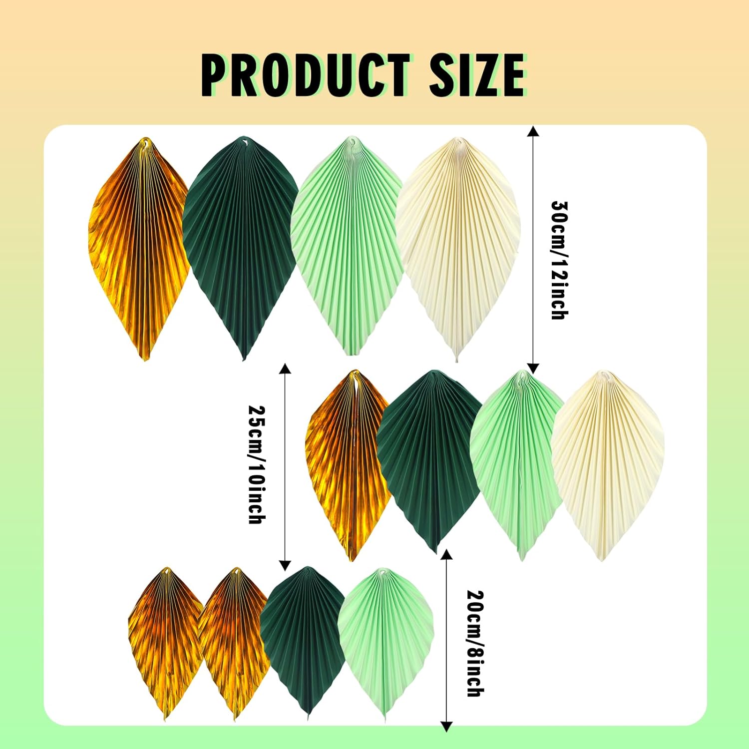 ADLKGG Green Gold Hanging Paper Leaves Wall Backdrop Decor, Paper Palm Leaves Fan Party Decorations for Forest Birthday Party Tropical Jungle Theme Classroom Decor, 12pcs