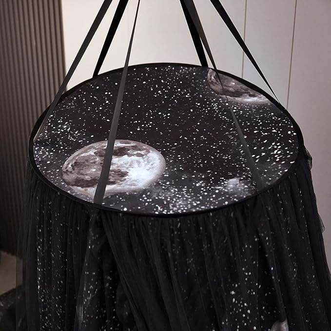 Kertnic Gorgeous Moon Printed Bed Canopy for Girls & Adults, Room Decorative Cozy Bed Curtain Canopy Drapes, Round Dome Luxurious Lace Princess Canopies Mosquito Netting (Print Moon)