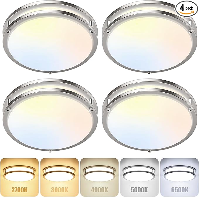 4-Pack 12 Inch Dimmable LED Ceiling Lights, 36W 2700K/3000K/4000K/5000K/6500K Adjusted Flush Mount Ceiling Light, 3200LM Super Bright Brushed Nickel Lighting Lamp Fixture for Bedroom Bathroom Dining