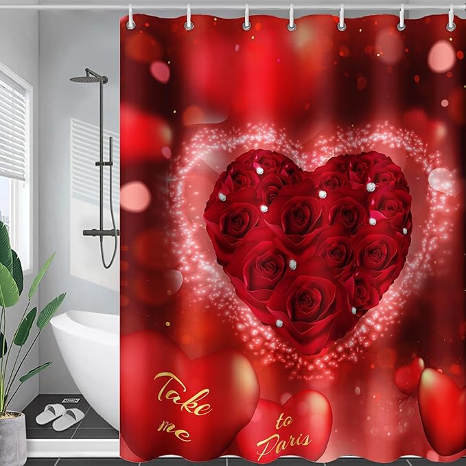 AILONEN Red Rose Hearts Printed Shower Curtain,Romantic Rose Lover Couple Bath Curtain,Fantasy Love Hearts Red Curtain for Bathroom Decor 60" W x 72" H,Waterproof