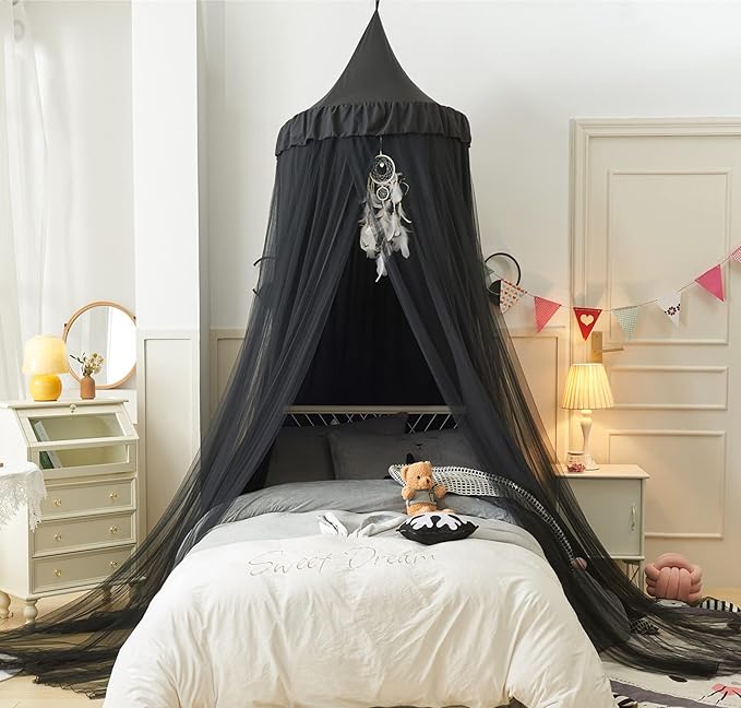 VETHIN Bed Canopy for Girls Kids,Princess Round Dome Children Dreamy Mosquito Net Bedding Girls Room Castle Play Tent Hanging House Decor Reading Nook Canopies (Black/Black)