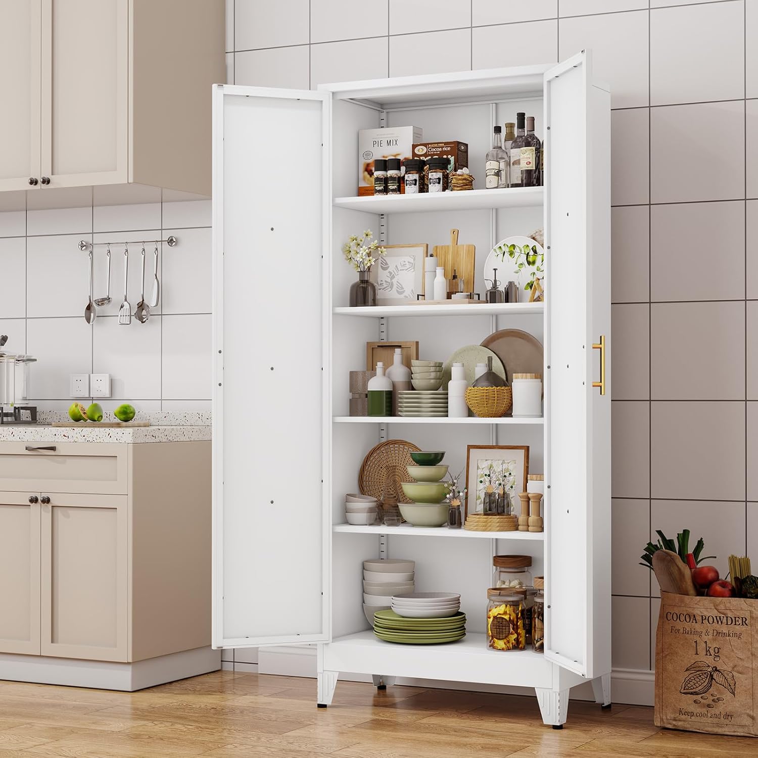 71" H Metal Kitchen Pantry Storage Cabinet, Freestanding Cupboard with 2 Doors and 4 Adjustable Shelves, Standing Storage for Kitchen, Bathroom, Garage, Dinning Room or Utility Room（White）