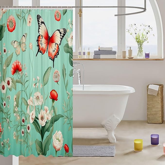 Feelyou Floral Flower Fabric Shower Curtain Red Butterfly Shower Curtain for Teens Green Bathroom Waterproof Accessories with 12 Hooks Flower Botanical Curtains,72x78 Inches