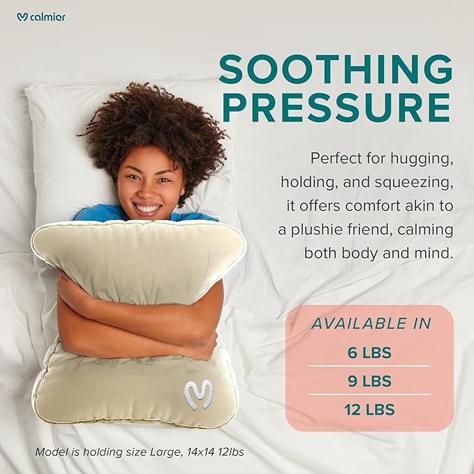 Calmier - 12 lb Sensory Weighted Pillow - Glass Bead Filled Hug Pillow - Ultra Plush Cozy Weighted Pillows for Adults and Kids - Child Sensory Pillow - Weighted Lap Pad (Tan - Minky, 12 LBS)