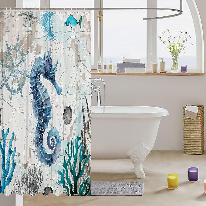 Feelyou Seahorse Fabric Shower Curtain Ocean Shower Curtain for Kids Boys Girls Marine Life Bathroom Waterproof Accessories with 12 Hooks Sea Animal Curtains,72x84 Inches