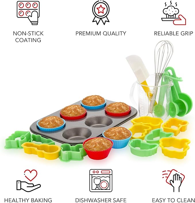 Boxiki Kitchen 24 PCS Kids Baking Set Includes 1 Muffin Pan, 6 Silicone Cupcake Liners, 10 Cookie Cutters, Spatula, Egg Whisk, Mini Measuring Cup and 4 Measuring Spoons.