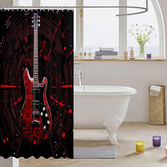 Feelyou Red Guitar Bathroom Waterproof Accessories with 12 Hooks Guitar Instruments Fabric Shower Curtain for Boys Girls Rock Music Shower Curtain Splash-Ink Curtains,72x78 Inches