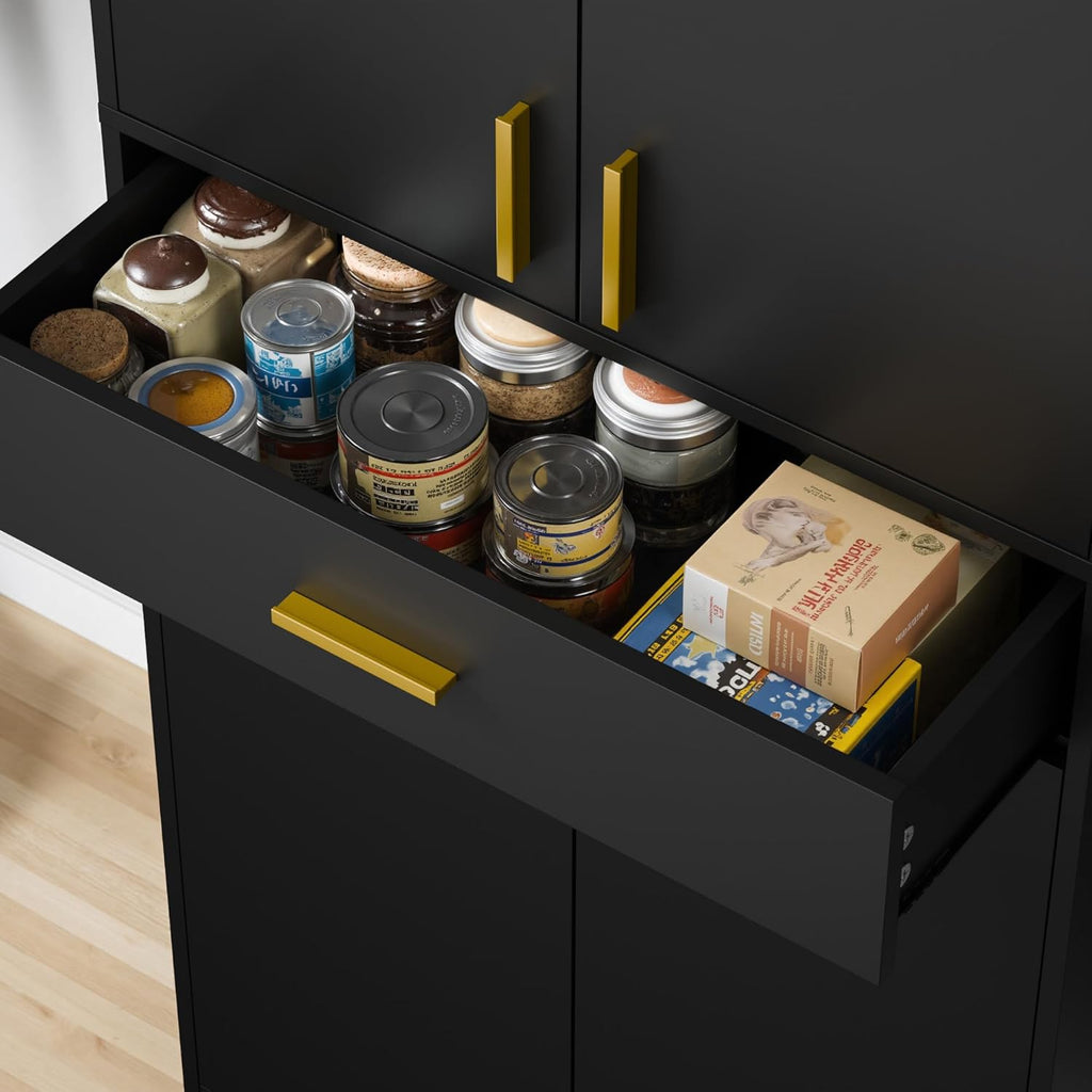 Cozy Castle Pantry Cabinet, 71" Tall Kitchen Storage Cabinet with Doors and Shelves, Freestanding Wood Cupboard Utility Hutch with Drawer for Dining Room Living Room Bathroom Furniture, Black