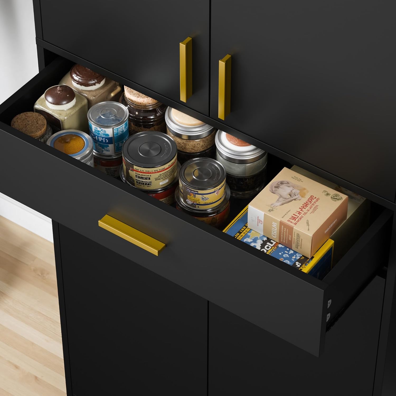 Cozy Castle Pantry Cabinet, 71" Tall Kitchen Storage Cabinet with Doors and Shelves, Freestanding Wood Cupboard Utility Hutch with Drawer for Dining Room Living Room Bathroom Furniture, Black