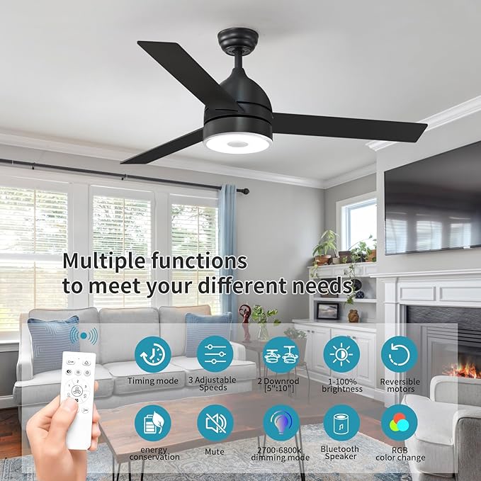 Black 60 Inch Ceiling Fan with RGB Dimming LED Light,with Music Bluetooth Speaker,with Remote Control,3-Speed Regulation, Reversible Motor,Timing,for Living Room,Bedroom,Restaurant