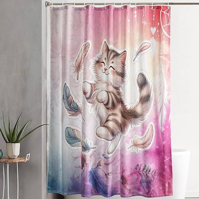 AILONEN Cartoon Cat Shower Curtain,Kawaii Dance Kitten and Feathers Bathroom Curtain Set for Kids Boys,Cute Animal Kittens Waterproof Shower Curtain for Bathroom, 36" W*72" H Pink