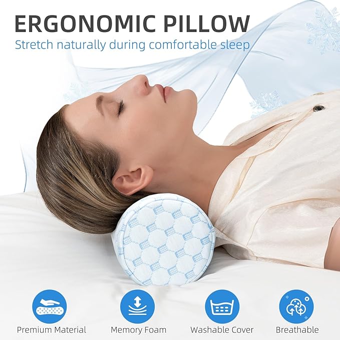 Cervical Neck Pillow Cooling Roll Memory Foam Support Round Pillows for Pain Relief Sleeping, Bed, Legs, Back and Yoga 17 x 4.5 Inches