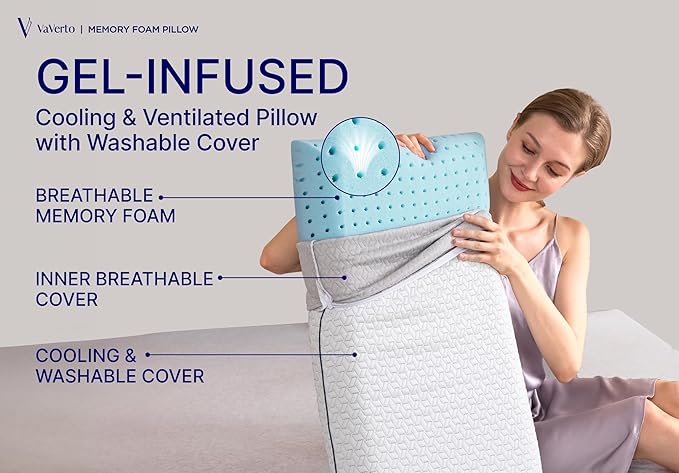 Vaverto Gel Memory Foam Pillow 2 Pack - Queen Size - Ventilated, Bed Pillows with Viscose Made from Bamboo Pillow Cover,Cooling, Bed Pillows