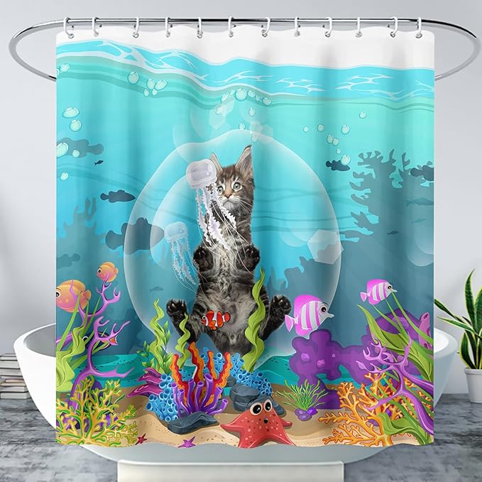 AILONEN Funny Cat Shower Curtain for Bathroom, Ocean Animal Print Shower Curtain, 60" W*72" H Waterproof Polyester Cat Lover Shower Curtain Decor Bathroom with Grommets and Hooks