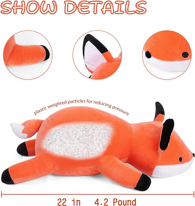 24" 4.2lbs Fox Weighted Stuffed Animals,Cute Cuddle Plushie toy Weighted Fox Plush Throw Pillow for Children Kids Adults(Fox)