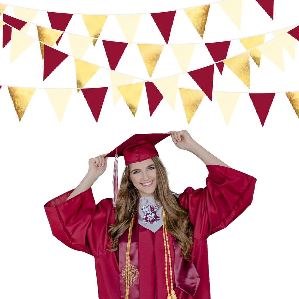 Burgundy Party Decorations Gold Maroon Beige Fabric Triangle Pennant Banner Garnet Flag Bunting Garland for Graduation Wedding Birthday Bridal Shower Bachelorette Anniversary Engagement Party Supplies